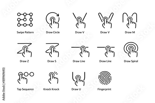 Gesture icons for mobile: swipe, draw, tap, knock, fingerprint recognition