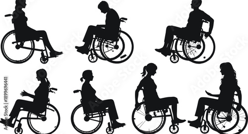 Wheelchair user silhouette vector set showing disabled people in different sitting poses, black accessibility, rehabilitation and mobility illustration collection