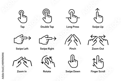 Touchscreen gesture icons: tap, swipe, pinch, zoom, rotate, finger scroll
