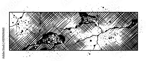 Rectangular grunge banner with diagonal cross hatching lines and distressed texture spots