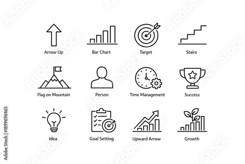 Business icons set: arrow, bar chart, target, stairs, mountain, person, clock, trophy, lightbulb, checklist, growth