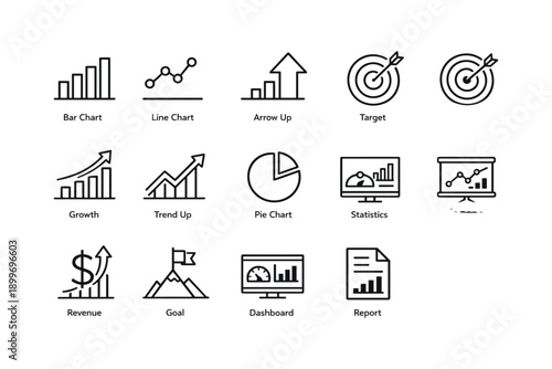 Business growth icons: bar chart, line chart, arrow, target, pie, report, revenue