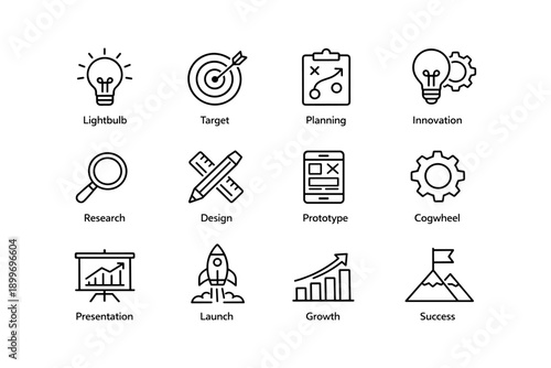 Innovative business icons: lightbulb, target, planning, prototype, success