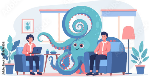 A cartoon octopus visits two people relaxing in chairs in a living room