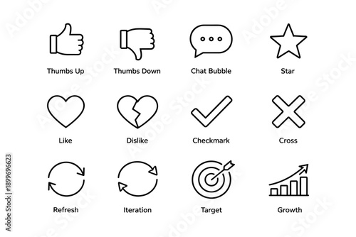 Icon set: thumbs, chat, star, heart, check, cross, refresh, target, growth symbols