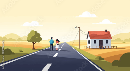 A couple walks down an empty road towards a small house in the countryside
