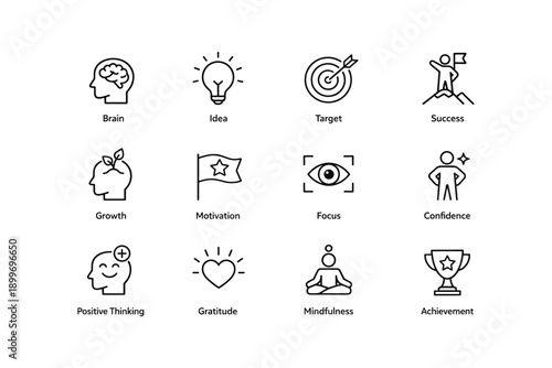 Icons illustrating motivation, success, and mindfulness concepts