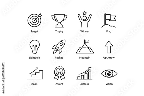 Icons of achievement and success: target, trophy, winner, flag, ideas, progress