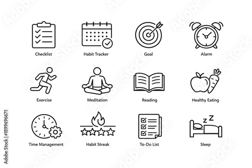 Set of icons: checklist, habit tracker, goal, alarm, and wellness activities