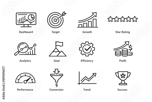 Business icons set: analytics, growth, efficiency, profit, success