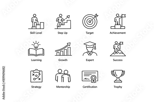 Skill development icons: achievement, learning, growth, certification, trophy