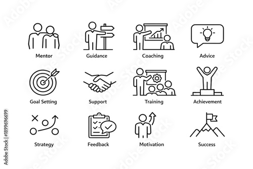 Mentorship and personal development icons set: guidance, coaching, achievement, success, motivation
