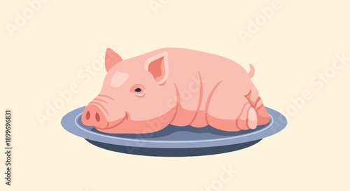 A cartoon pink pig rests on a blue platter, presented on a beige background