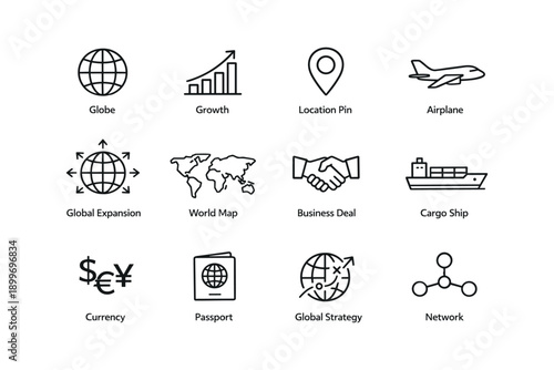 Global business icons set including globe, airplane, currency, and network symbols