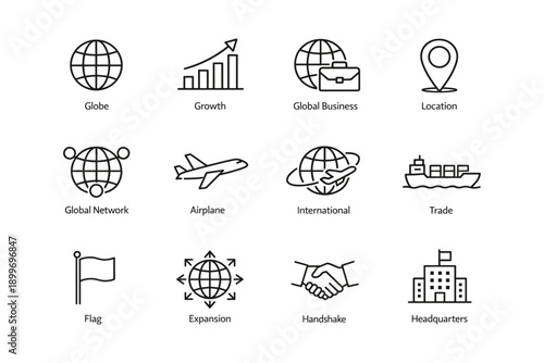 Global business concepts: icons of growth, trade, and networking