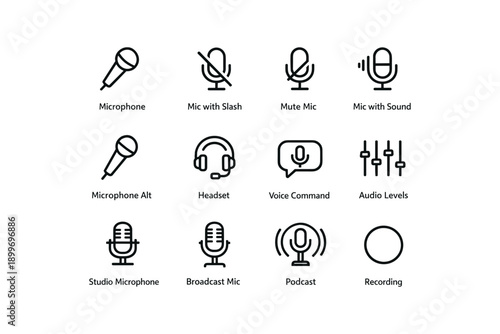 Vector icons set: microphone, headset, voice command, audio levels, recording