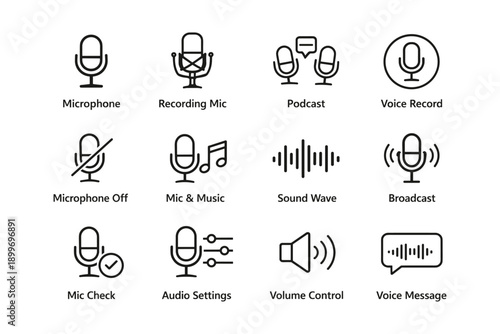Microphone and audio icons for podcasting and recording