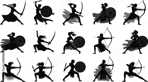 Female warrior archer silhouettes vector set with shield, sword and bow poses, dynamic fantasy hero action illustration collection