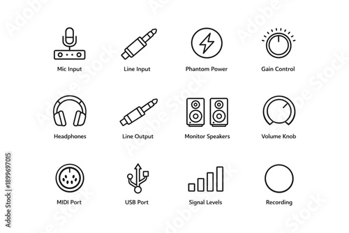 Audio equipment icons: microphone, input, power, control, headphones, speakers, volume, midi, usb, signal, recording