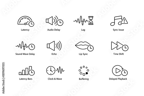Audio and video synchronization issues: icons representing latency, echo, and buffering