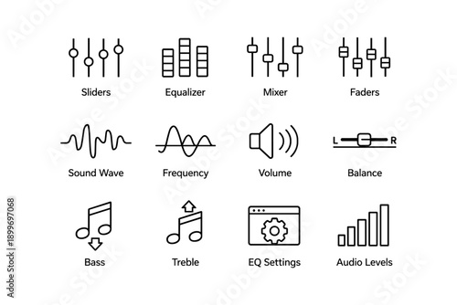 Audio control icons: sliders, equalizer, mixer, sound wave, frequency, volume, balance, bass, treble, eq settings, audio levels