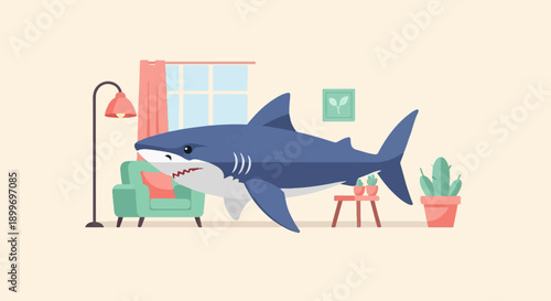 A cartoon shark swims through a living room with furniture and plants