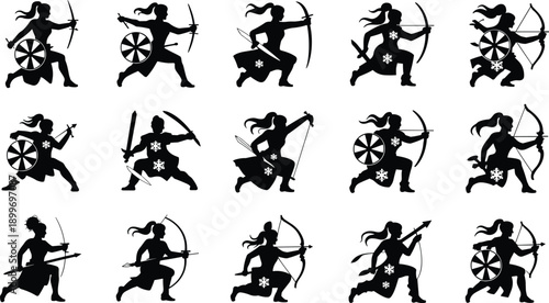 Female warrior archer silhouettes vector set showing fantasy shield, bow and sword action poses, black heroic character illustration collection