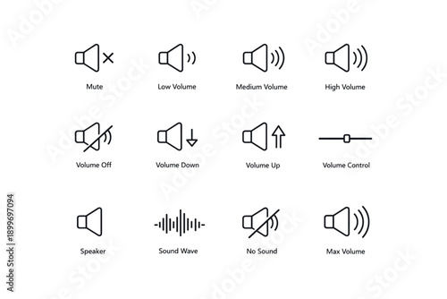 Audio control icons: mute, volume levels, speaker, sound wave, no sound