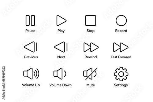 Media control icons: play, pause, stop, rewind, volume, settings for ui design