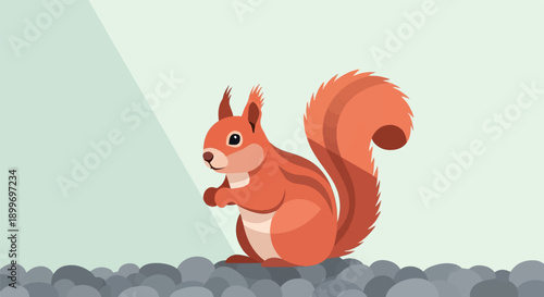 Adorable cartoon red squirrel perched on a bed of gray pebbles