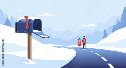 A couple walks hand-in-hand on a snow-covered road by a mailbox in winter