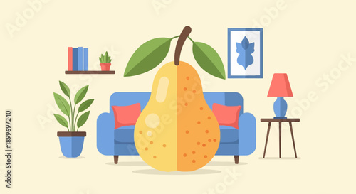 A large pear sits in front of a blue sofa with red pillows