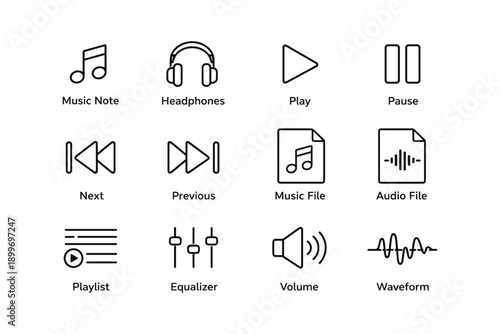 Audio icon set: music note, headphones, play, pause, next, previous, playlist, equalizer