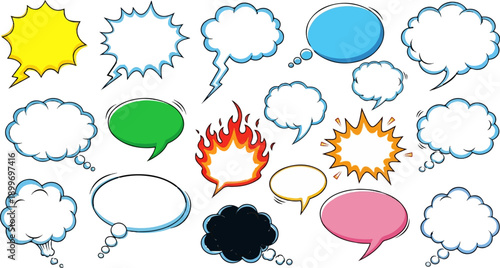 A collection of colorful and black-and-white comic book style speech and thought bubbles