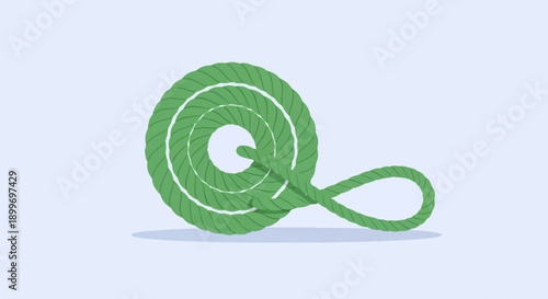 A green rope is coiled in a spiral on a light blue background