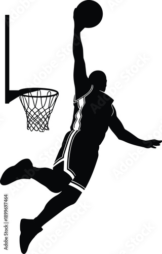 Dynamic basketball player silhouette performing powerful slam dunk action isolated on white background, sports energy, athletic motion concept illustration design