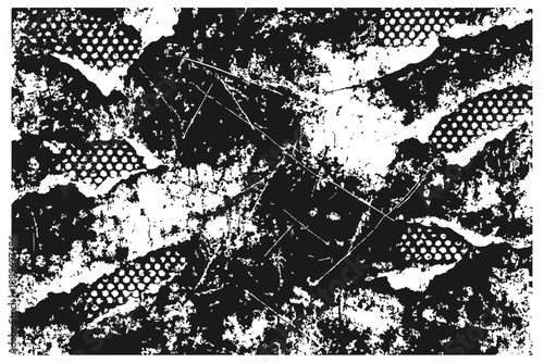  A high-contrast black and white grunge texture featuring peeling paint, scratches, and speckled patterns. Ideal for edgy design, photo overlays, posters, and urban style.