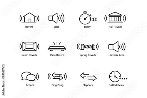 Audio effects icons: reverb, echo, delay, hall, plate, spring, reverse, ping pong, slapback
