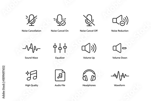 Audio icon set: noise cancellation, sound wave, headphones, equalizer, volume control