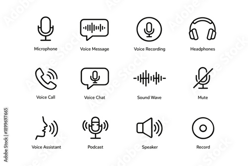 Audio communication icons set for voice chat, recording, and podcasting
