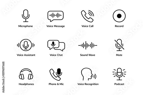 Audio and communication icons: microphone, voice, call, record, headphones, podcast symbols