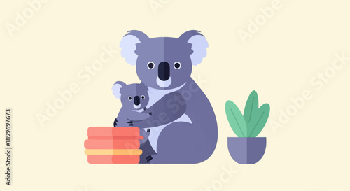 Adorable cartoon mother and baby koalas embracing next to a plant