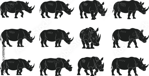 Rhinoceros silhouette walking poses vector set featuring African wildlife animals, minimal black icons collection for conservation design projects