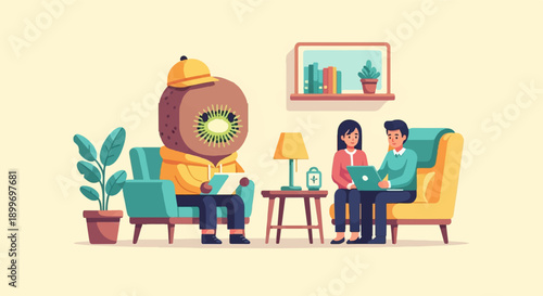 Anthropomorphic kiwi character and couple collaborate with laptops