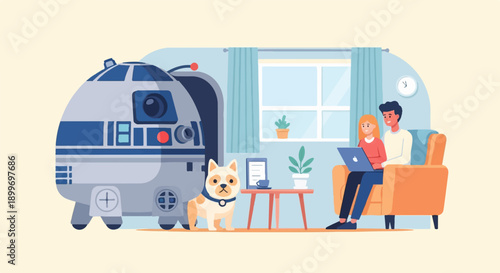 A couple with a dog and a robot in a cozy living room