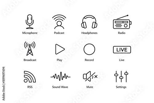 Podcast and audio icons: microphone, headphones, radio, broadcast, settings