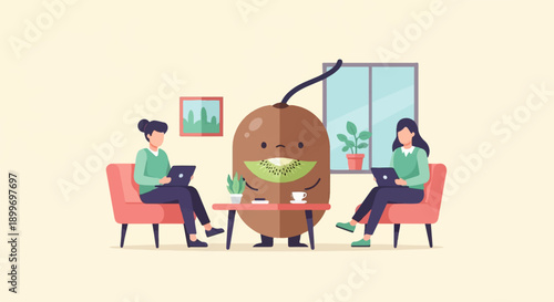 Anthropomorphic kiwi joins two people working on laptops in a cozy room