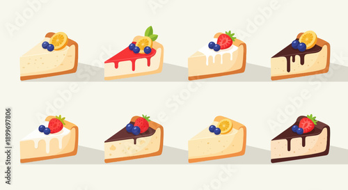 A collection of eight delectable cheesecake slices adorned with berries and fruit