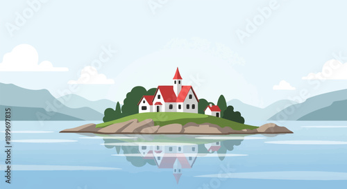 A serene island with white buildings, red roofs, and lush greenery, reflecting in calm waters
