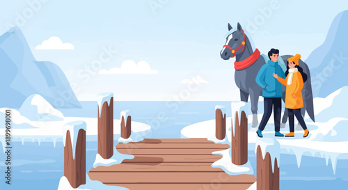 A couple with a horse on a snowy dock with icy water and mountains